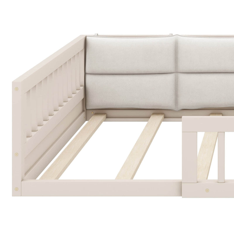 A Fully Upholstered Wood Platform Bed In Full Size, Complete With Safety Guardrails And A Complementary Pillow, Beige