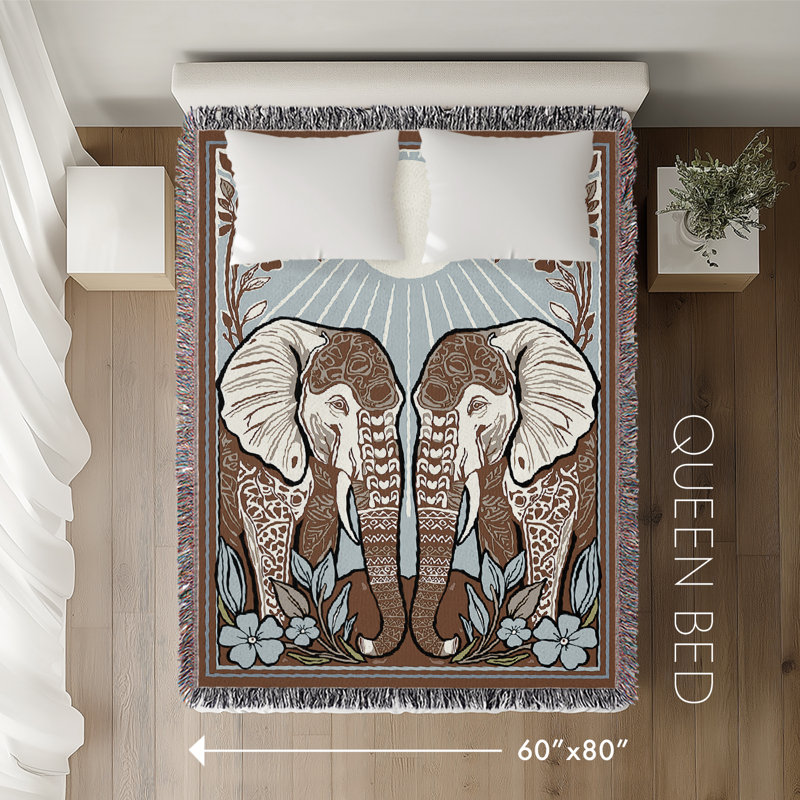 Jeté en mélange de coton Lim Elephant, Beige / bleu / blanc cassé, L 80 po x l 60 po