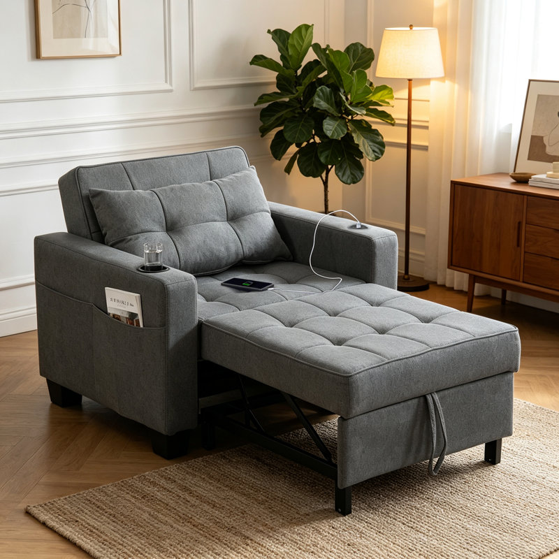 Upholstered Convertible Backrest Single Sofa Bed Accent Chair, Dark Grey