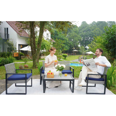 Ensemble de meubles de patio 4 pièces pour balcon, porche, jardin, jardin, cour, plateau de table en bois d'acacia gris, coussin bleu et rotin gris clair
