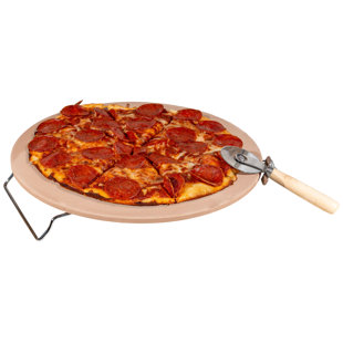 Pizza Stone - 15-Inch Pizza Stone for Oven or Grill with Pizza Cutter and Metal Serving Rack/Handles - Pizza Oven Accessories