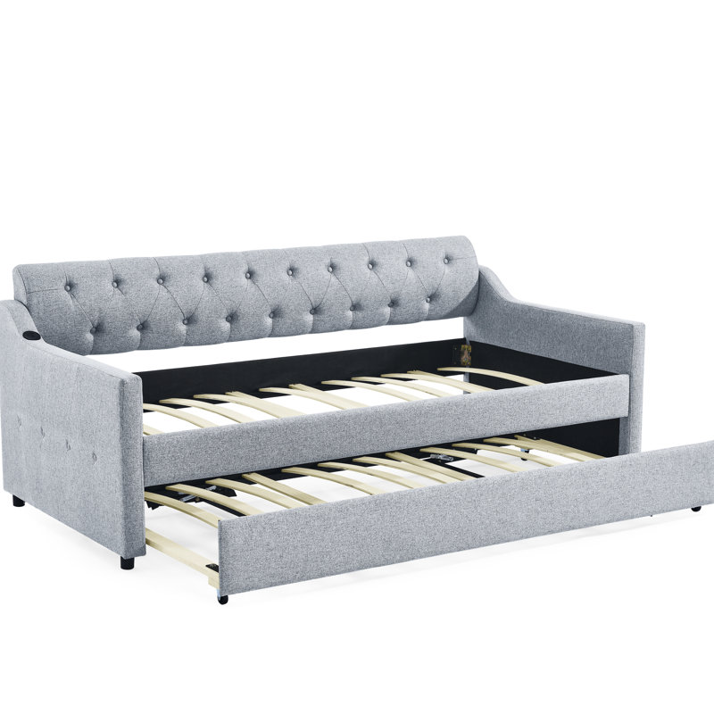 Lit de jour simple avec housse en tissu de lin, charge, gigogne dressable, base de lit rembourrée grise, accès de charge et conception de bouton attrayant mobile, conçu pour une charge de 300 lb