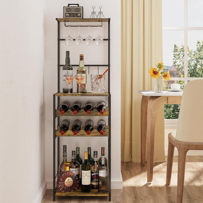 5-Tier Freestanding Wine Rack, 8-Bottle Corner Mini Bar Cabinet With Glass Holder & 4 S Hooks (11.81"Dx16.53"Wx53.55"H) For Home Small Space