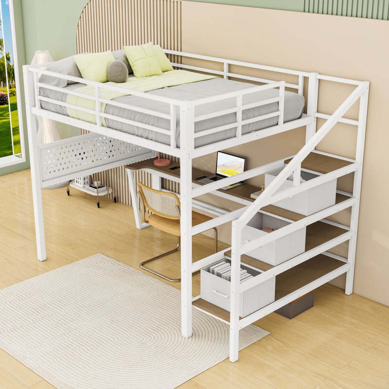 Lit mezzanine double en métal avec bureau intégré et tiroirs, White