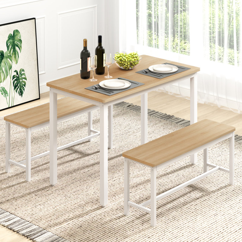 Dining Room Table Chairs Set For 4 With 2 Benches & Adjustable Feet Table, Natural