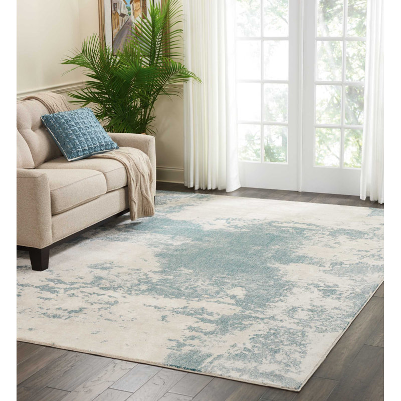 Tapis ivoire / bleu sarcelle à motif abstrait Greater Taree, Rectangle, de 3 pi 10 po x 5 pi 10 po