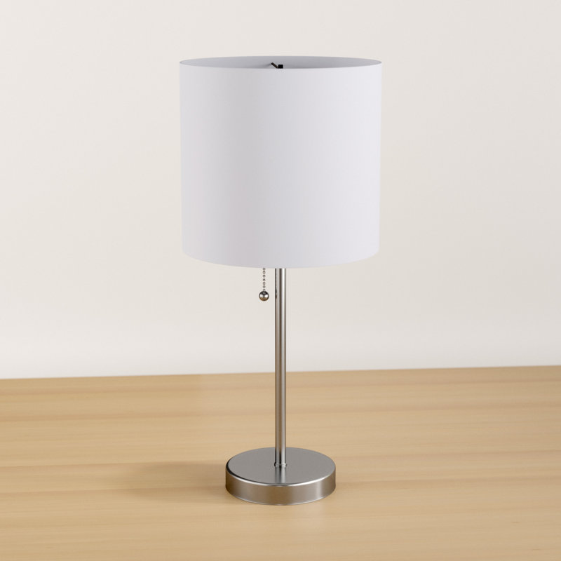 Sarriah Modern Stick Accent Table Lamp with Pull Chain and White Fabric Shade, Brushed Steel, 19"
