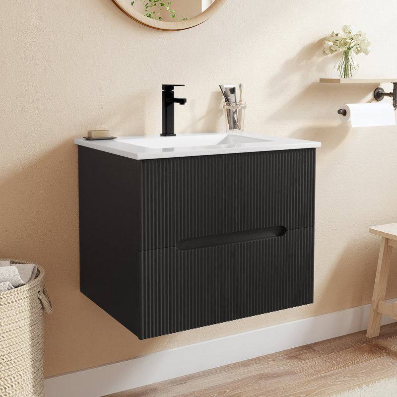  24" Wall Mounted Single Bathroom Vanity With Ceramic Sink Top And Faucet, Floating Cabinet With 2 Soft-Close Drawers, Black