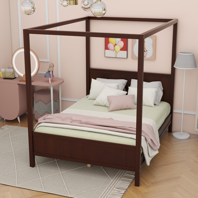 Queen Size Canopy Platform Bed with Headboard and Footboard,Slat Support Leg, Espresso