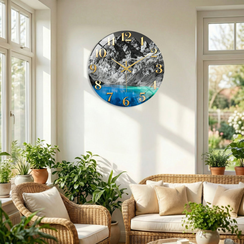 "Mountain Lake", horloge murale en verre, 60 x 60 cm (23,6 x 23,6 pouces)