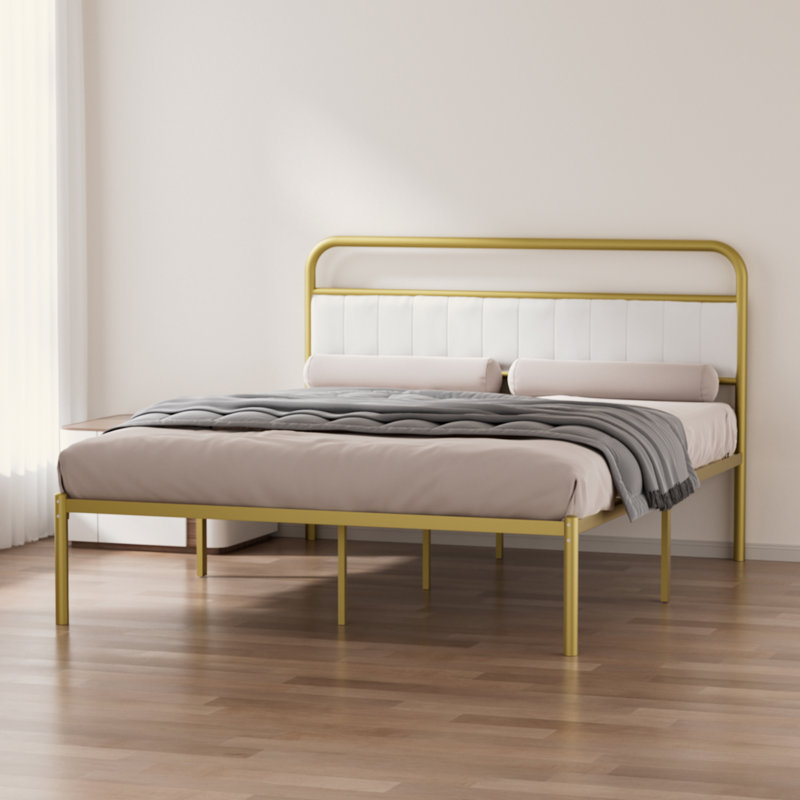 Structure de lit plateforme en métal et acier avec coussin de tête de lit rembourré (grand)