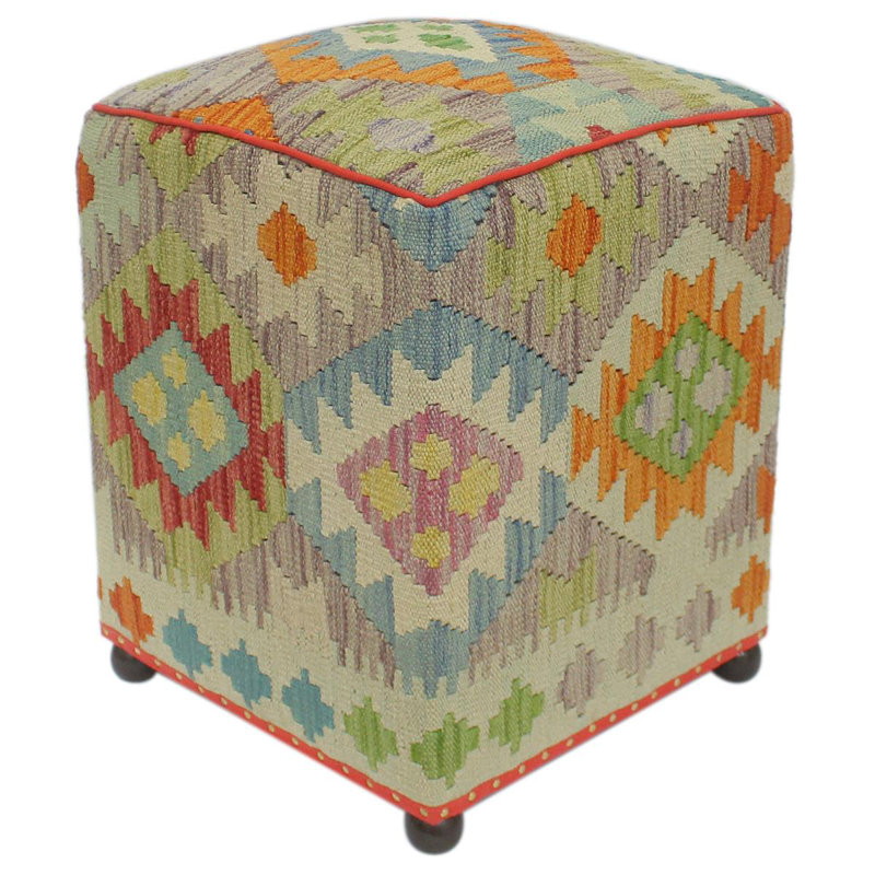 Aprea Upholstered Ottoman, Blue/Beige/Orange/Red Wool