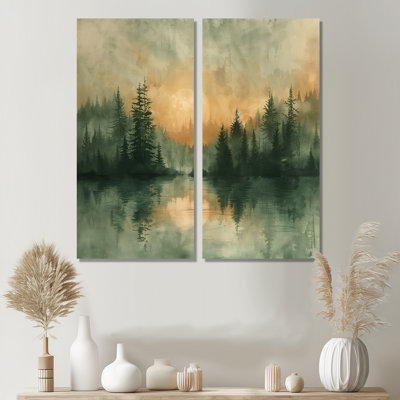 Vert et jaune lever de soleil brouillard dans la forêt III - campagne grand décor mural 2 pièces