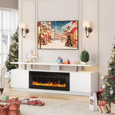 Meuble télé 70 po avec foyer électrique 36 po, centre de divertissement avec lumières DEL 12 couleurs et rangement à 2 niveaux et armoire à 2 portes