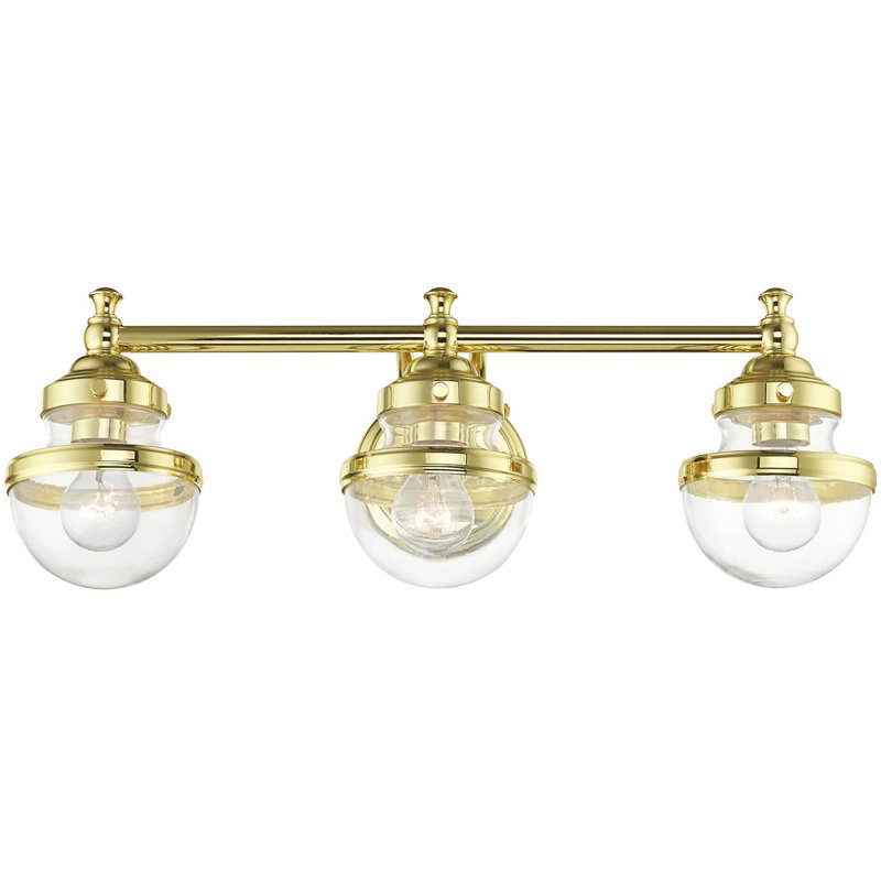 Éclairage pour salle de bain avec abat-jour en verre - luminaire de 24 po à 3 lumières., Laiton poli, Transparent