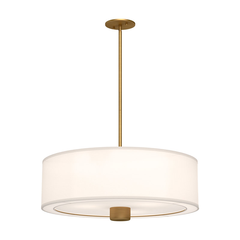Theo 24" Matte Black and Aged Gold Drum Pendant with White Linen Shade