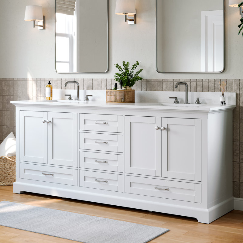 Meuble-lavabo autoportant moderne de 80 po avec lavabo double avec comptoir en marbre de culture, lavabo en céramique blanc, six tiroirs et deux armoires de rangement en bois massif, blanc