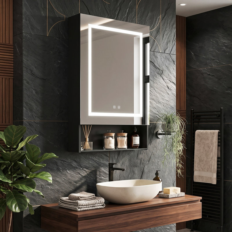 50cmW Door Bathroom Mirror Cabinet with Open Glass Bottom Shelf & LED Lights, Wall Mounted Illuminated Medicine Cabinet with Demister Pad, Black, 50x16x88cm