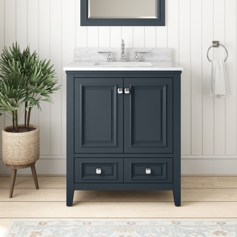 Estella Sink Bath Vanity In Steel Grey Finish With Natural Carrara Top, 30"