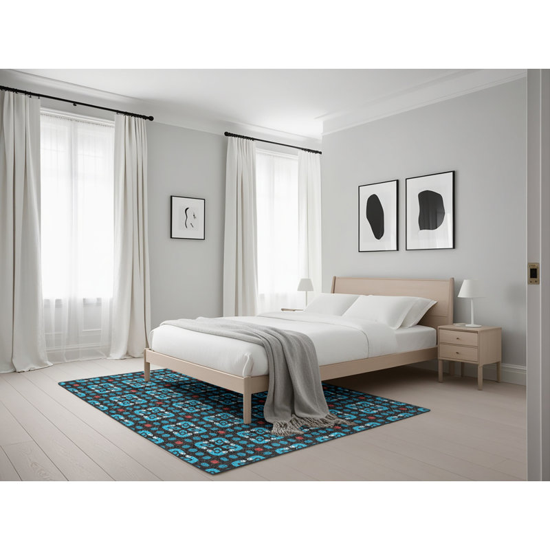 Tapis noir/bleu ciel tissé à la machine, Rectangle 5 pi x 7 pi