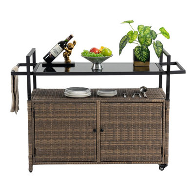 Versatile Design Glass Tabletop Outdoor Wicker Bar Cart With Wheels