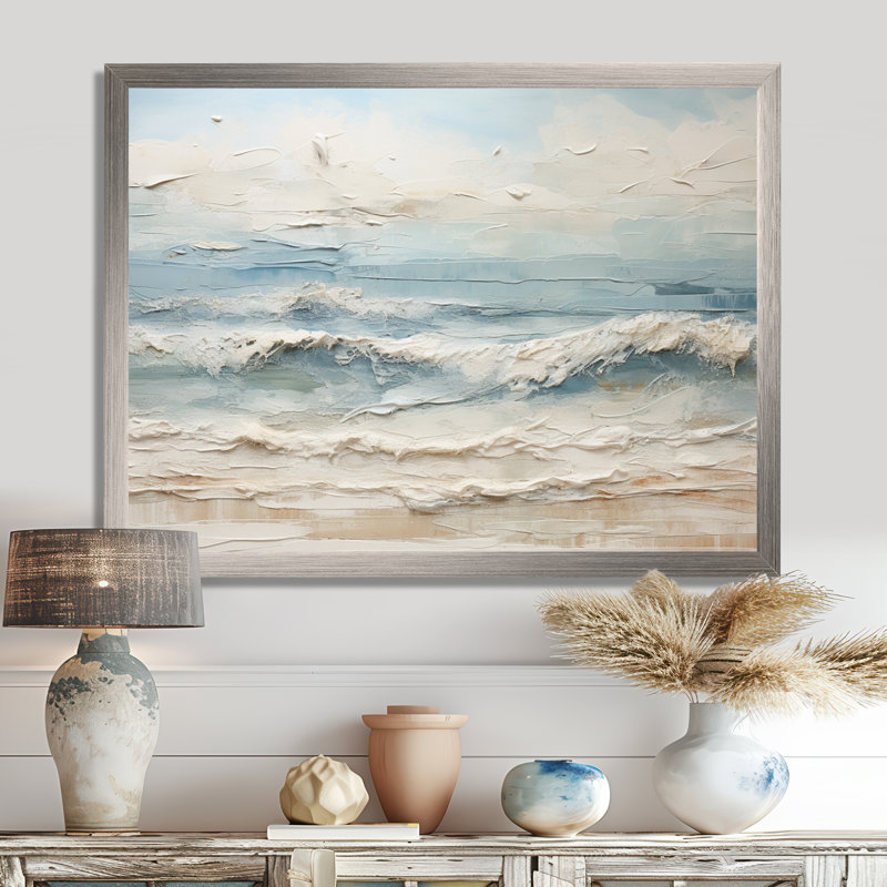 Peinture de plage côtière beige et bleue - Reproductions encadrées de plage côtière, H 16 po x l 32 po, Impression encadrée