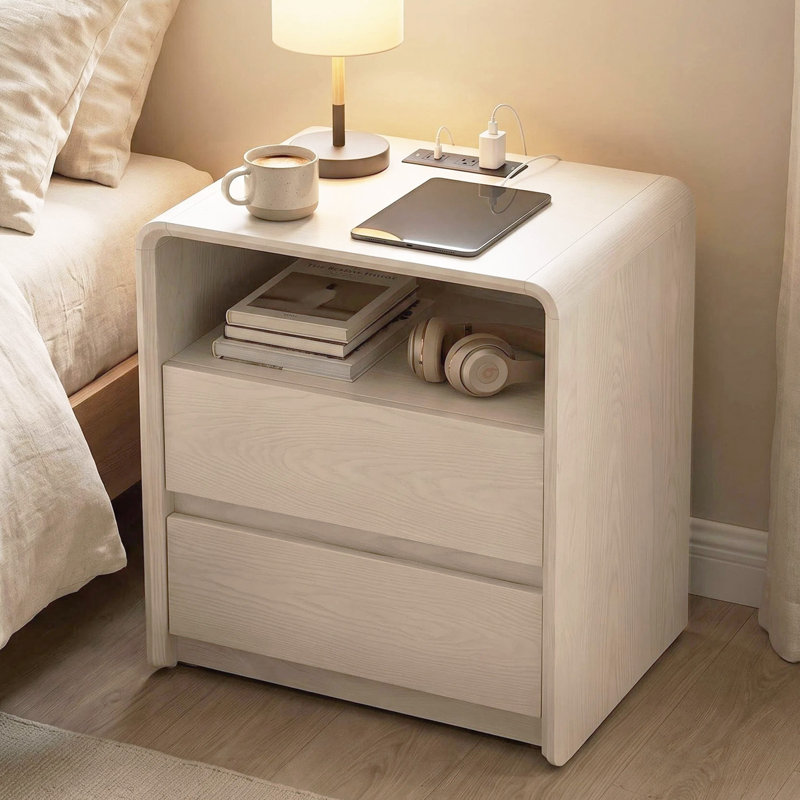 23.6"W Nightstand with Charging Station, 2 Drawers and Open Shelf, White, White, 1 Piece