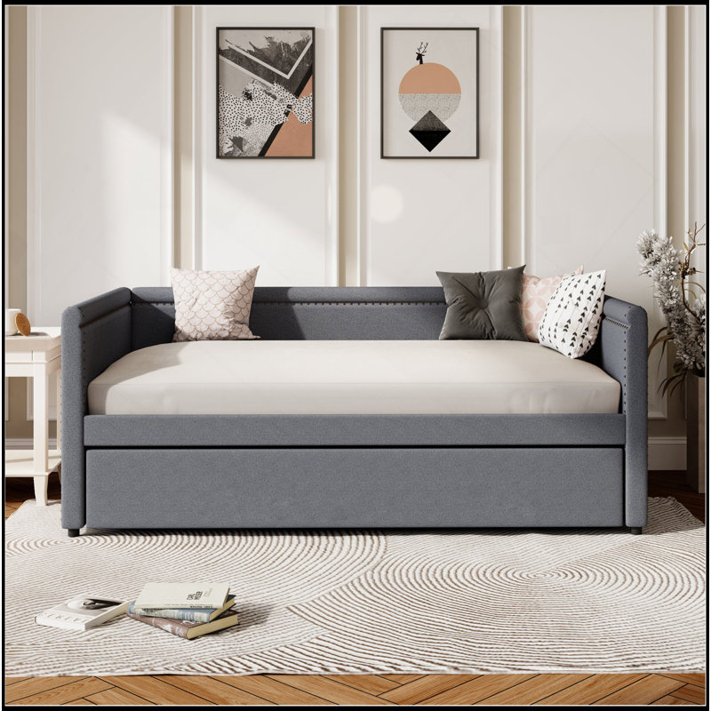 Lit de jour rembourré de style moderne avec lit gigogne pour chambre d'amis, petite chambre et salle d'étude, Rose