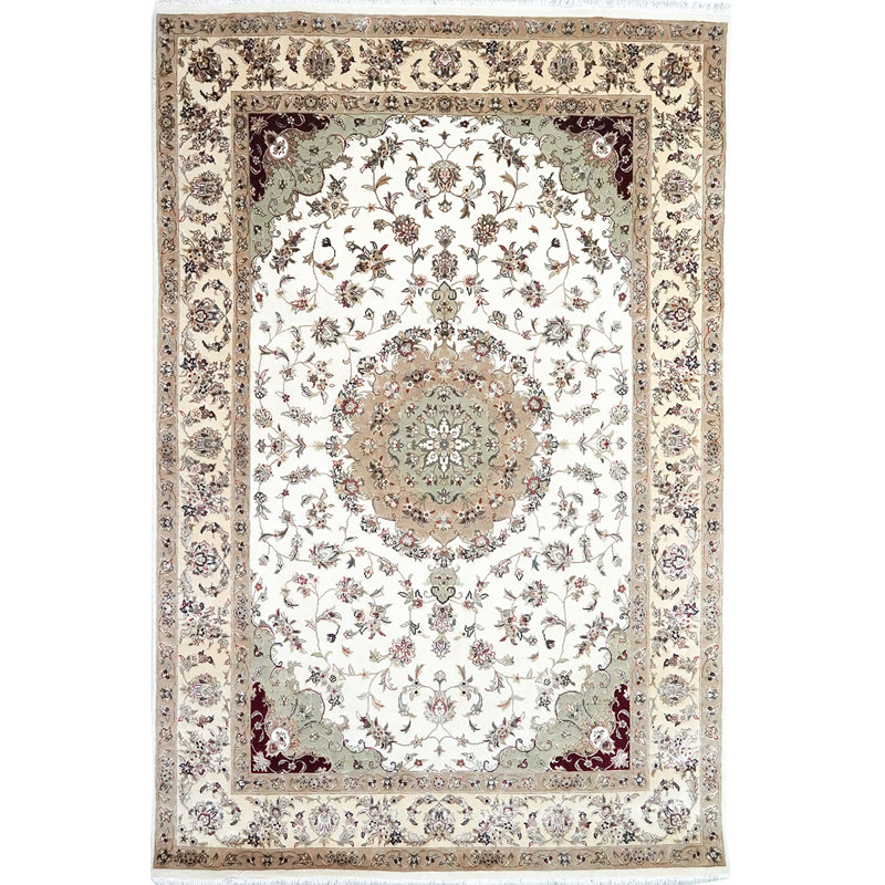 Tapis oriental ivoire / beige / brun noué à la main Oriental, Rectangle 6 pi x 9 pi