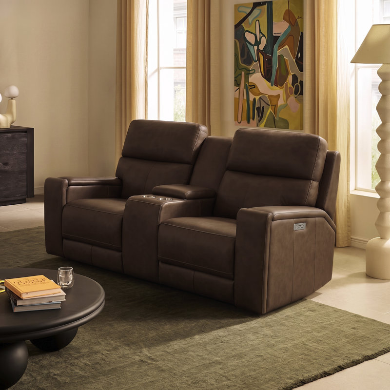Causeuse double en cuir véritable avec console et porte-gobelets escamotables, Gris