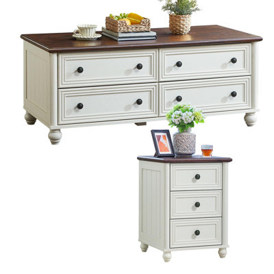 Farmhouse Coffee Table & Night Stand Sets, Wood 48" Wide Center & 18" Chest of Drawers, Roman Column 3 Drawer Nightstand, Living Room Furniture Suites for Living Room Hallway, Home