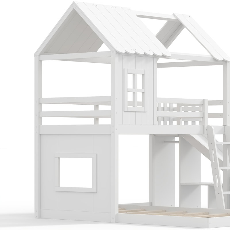 Lit superposé simple au dessus d'un lit double en bois massif avec tablettes, garde-robe et glissade, Twin Over Full, Blanc