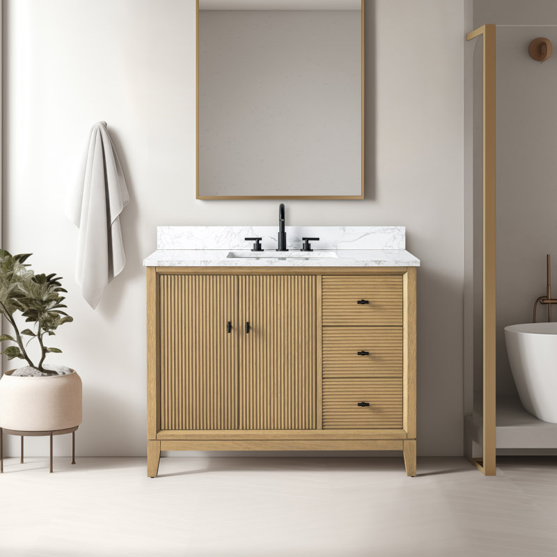 Caldwell 42" Single Sink Freestanding Bathroom Vanity with Engineered Marble Top, Natural Oak, Arabescato White, Matte Black