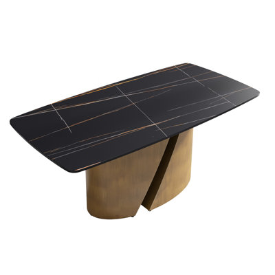 Table de salle à manger 72,25 po - Plateau en pierre artificielle noire et pieds en bronze frittés élégants, pieds en fer, peut accueillir de 6 à 8, craque les odeurs