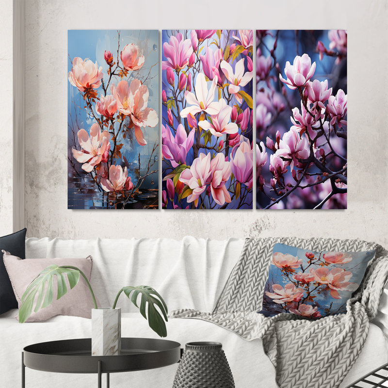 Magnolias, ensemble de 3 pièces d'art acrylique multicolore, Toile tendue, H 32 po x l 48 po