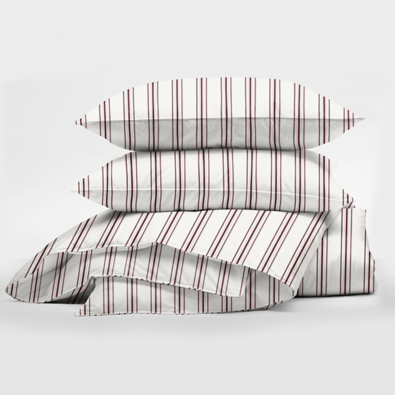 August Stripe Reversible Cotton Duvet Cover Set, King Duvet Cover + 2 King Shams, Merlot
