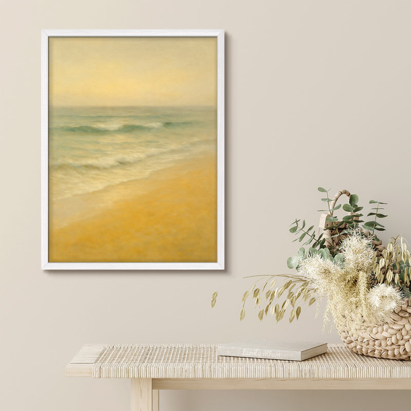 Reproduction d'art encadrée - vagues douces et rivage doré, art côtier impressionniste pour des intérieurs relaxants, Blanc