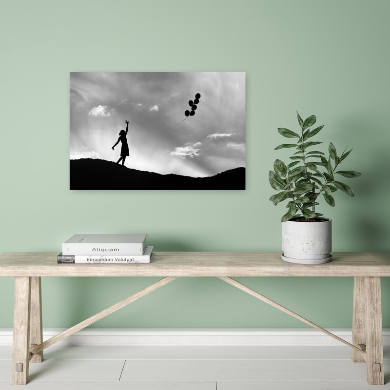Silhouette et ballons flottants, impression dramatique sereine, paysage naturel, art mural, H 16 po x l 24 po