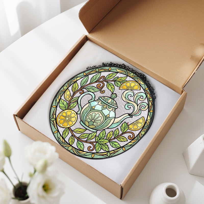 Panneau de vitrail en verre teinté théière ， 7,8H, 7.8"H