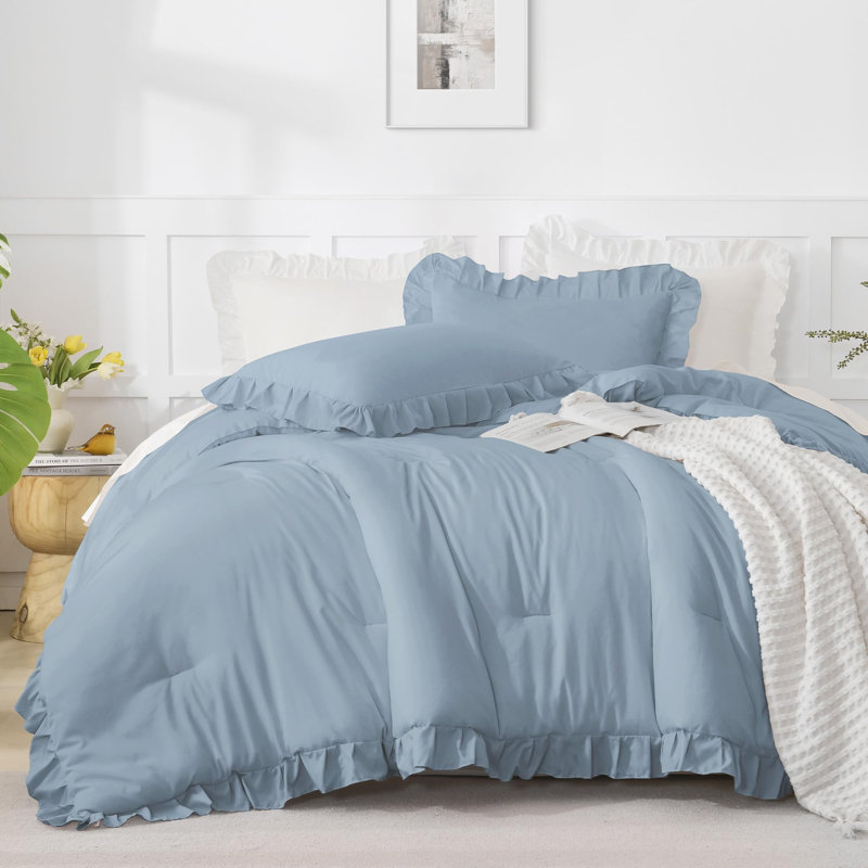 Andency Oversized King Comforter Set 128x120, 3 Pieces Grayish Blue Ruffle Shabby Chic Famhouse Bedding Set for Women, Lightweight Fluffy Super King Plus Bed Set for Girls