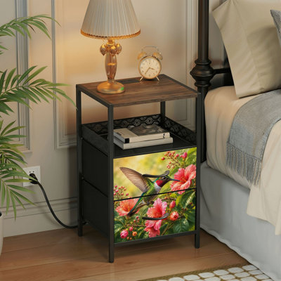 2 Drawers Nightstand with Charging Station, Bedroom Nightstand with USB Ports &amp; Outlets Open Shelf Black, night stand with Vibrant Feeding Pink Blossoms Green Print