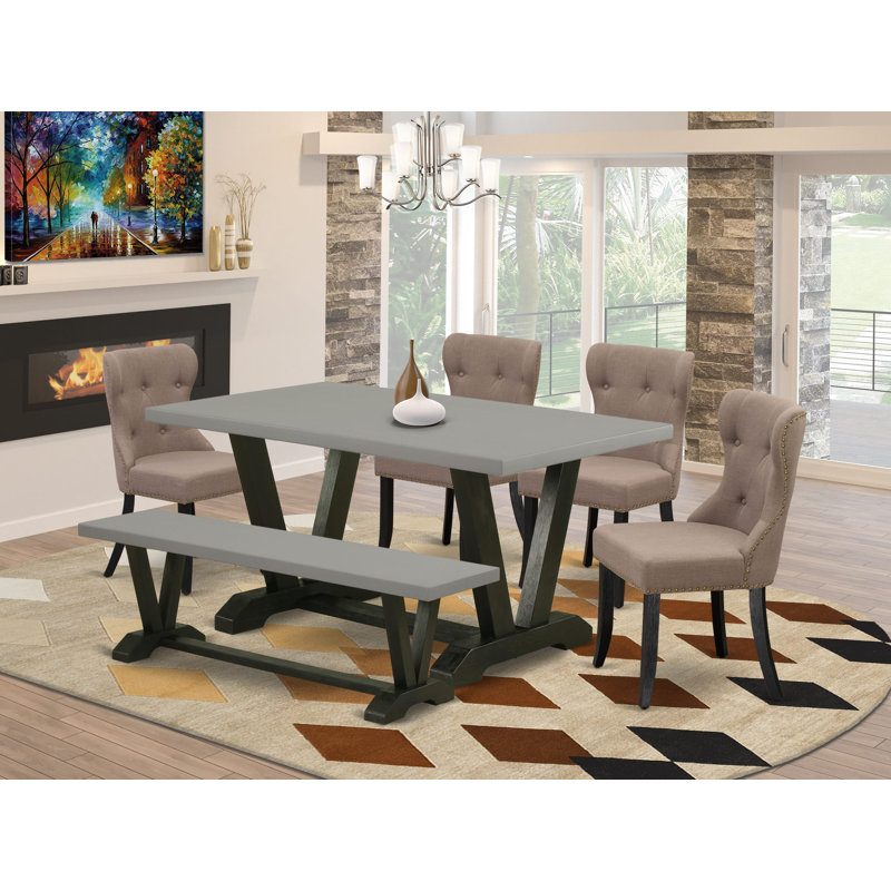 6-piece Modern Table Set Includes a Cement Mid Century Table a Dining Room Bench and 4 Coffee Linen Fabric Dining Chairs - Wire Brushed Black Finish