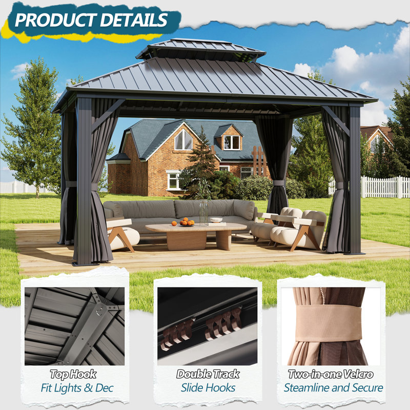 Outdoor Aluminum Patio Gazebo, Galvanized Steel Hardtop Gazebo with Privacy Curtain and Mosquito Netting, 12 Ft. W x 14 Ft. D