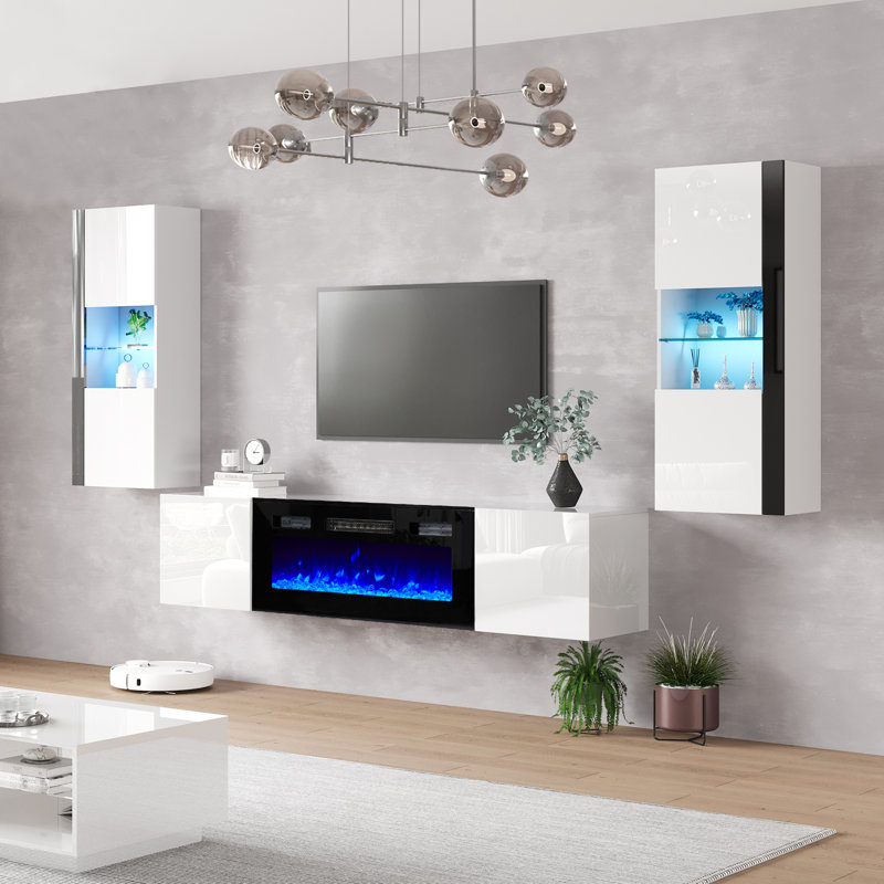 Bhhatu Floating Highgloss Entertainment Center with Electric Fireplace and 2 Bookcases, White/Black, 108"