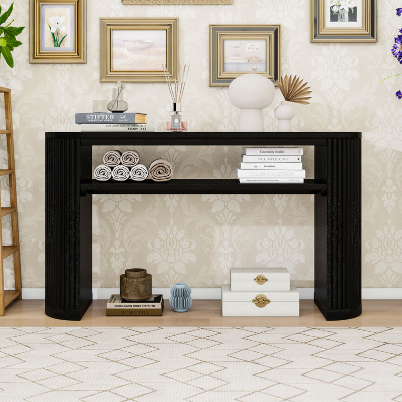 Wooden Console Table with Fluted Legs and Shelf, Black