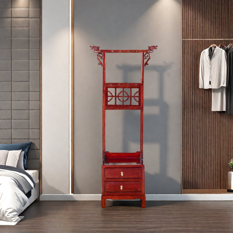 Elegant Elm Wood Coat Rack with Storage, Dull Red