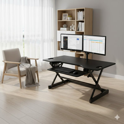  40 in. Black Height Adjustable Standing Desk with Floor Stand and Gas Spring Assist Keyboard Tray Platform