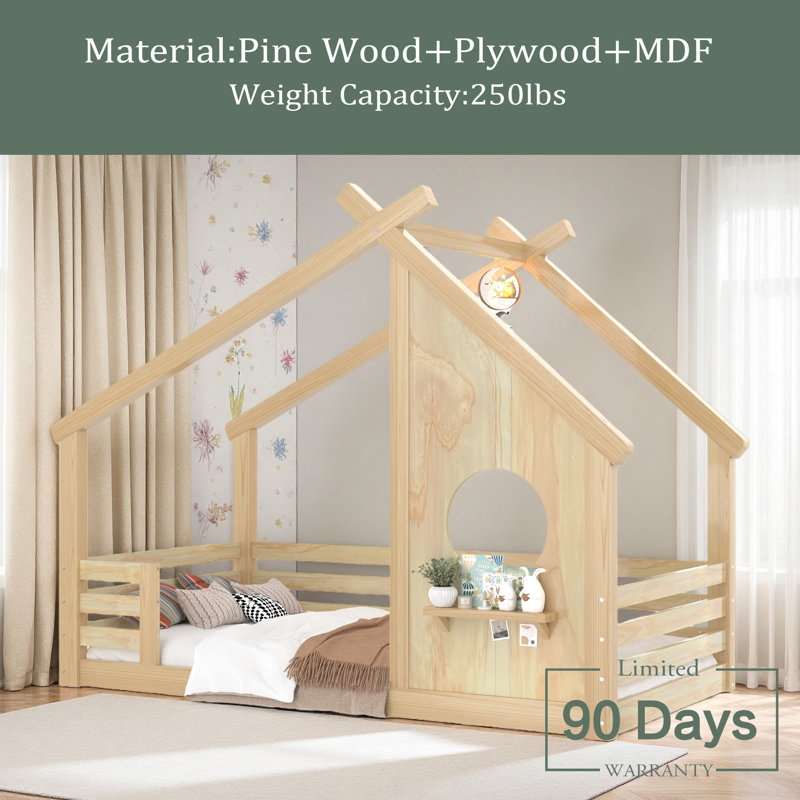 Lit de maison avec fenêtre et petite tablette, lit en bois massif avec toit en forme de maison, pas besoin de sommier, Simple