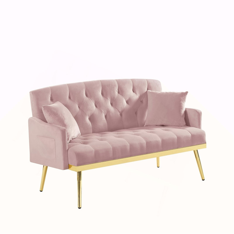 Petit canapé en velours rose avec pieds en métal doré