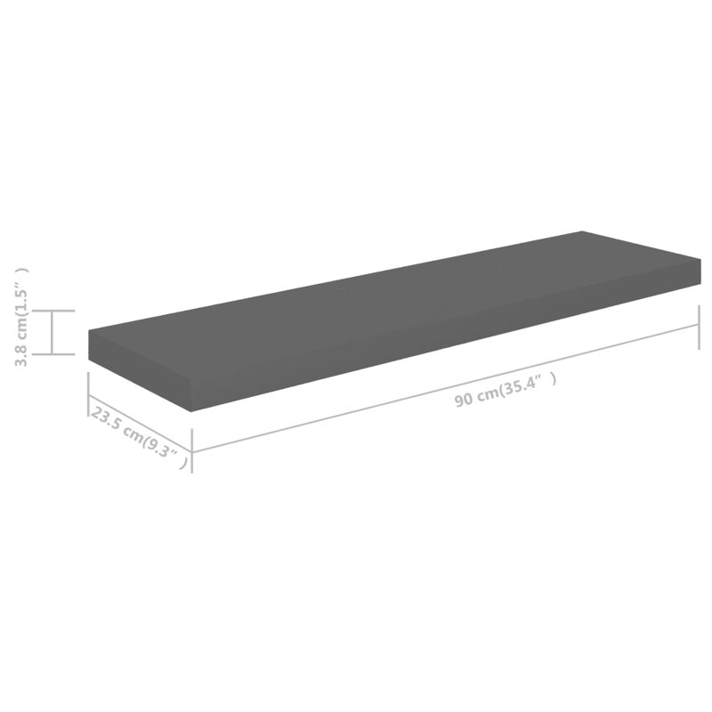 Artamas Floating Shelf, 3.8cm H x 23.5cm W x 90cm D, High Gloss Grey